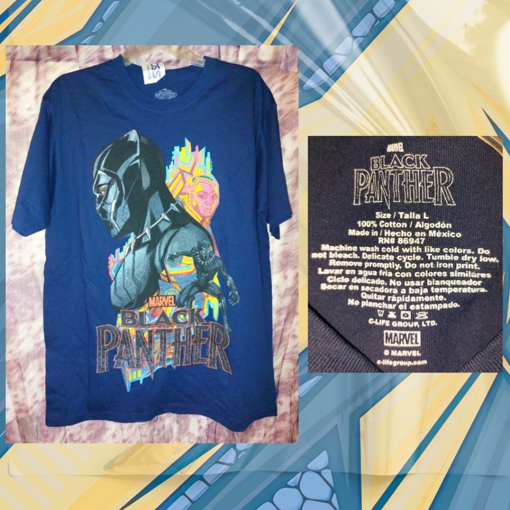 Marvel brand Navy Blue/Multiclr Black Panther Graphic Print Knit T-shirt Sz Lrg